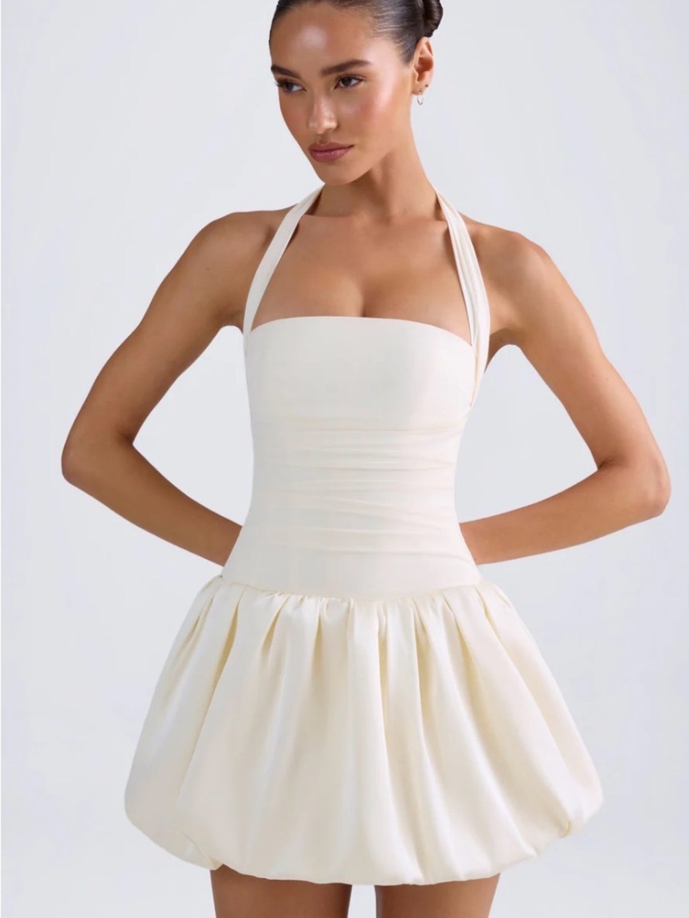 Oh Polly Ivory Strapless Halter Bubble Hem Mini Dress